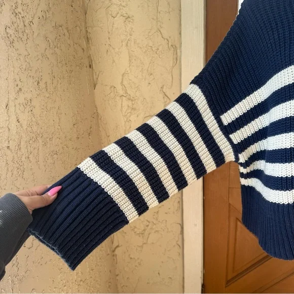 Madewell Striped Knit Navy and White Size XL Turtleneck Chunky Sweater - Picture 6 of 12